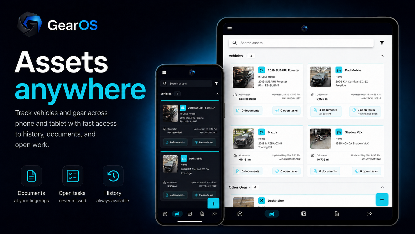 GearOS on phone and tablet, showing asset records across devices