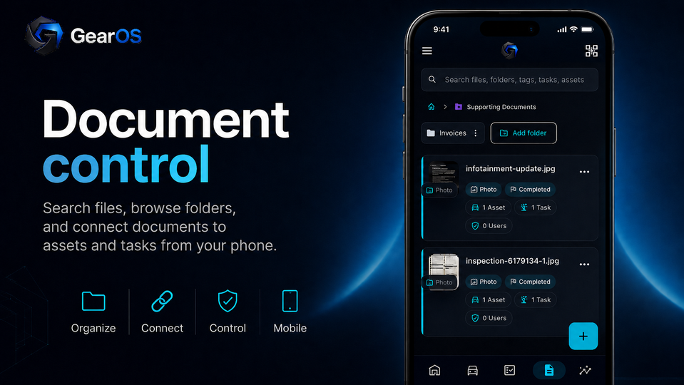 GearOS document control showing files linked to maintenance records