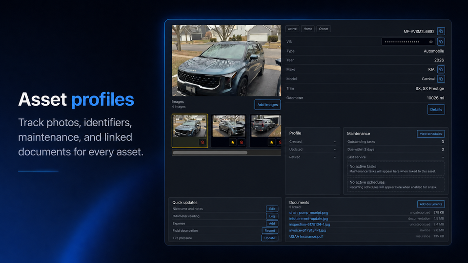 GearOS asset profile with asset details and linked records