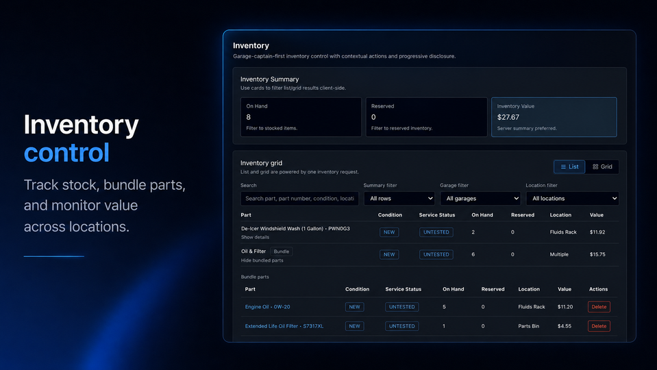GearOS inventory control showing parts and stock locations