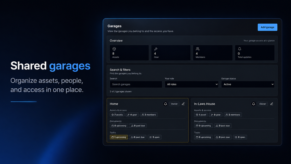 GearOS shared garages showing garage membership and access