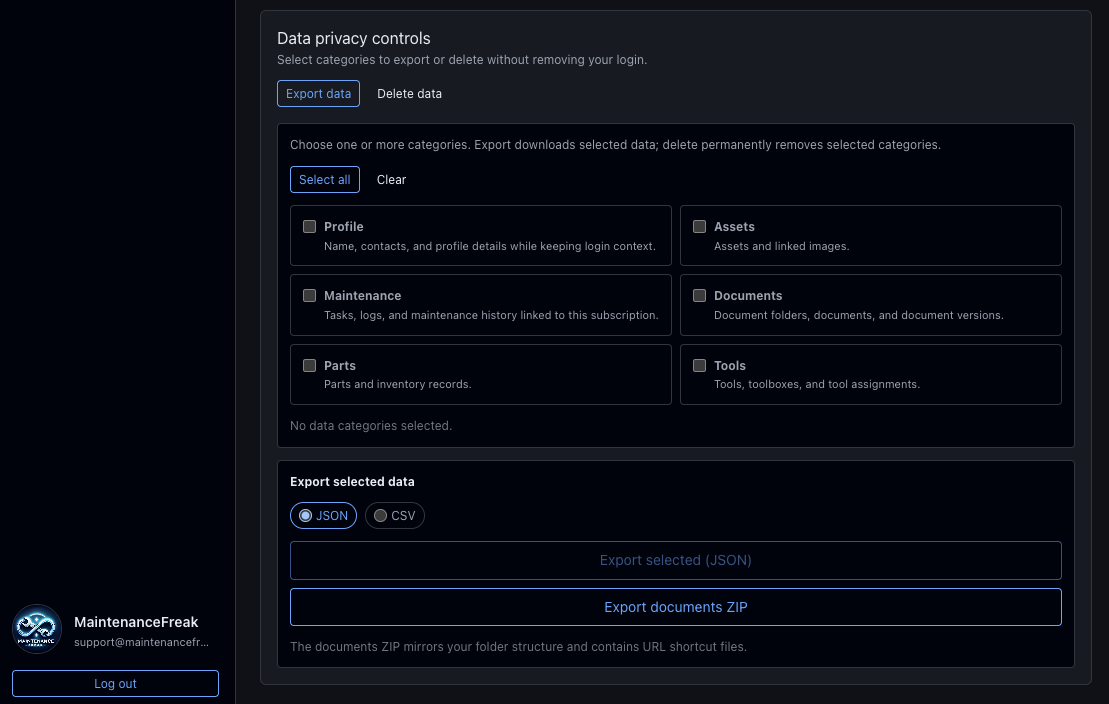 Account page showing data privacy controls and account actions
