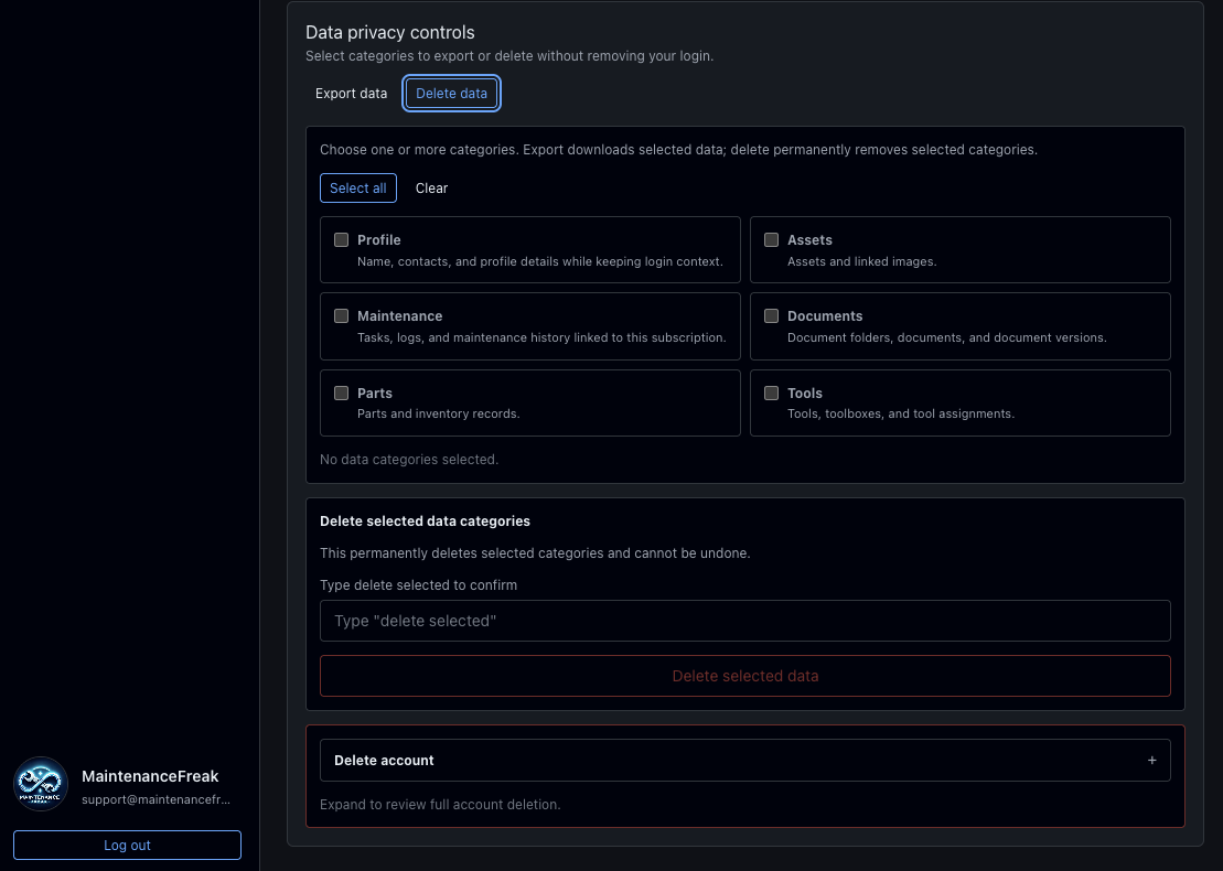 Account page with the delete account confirmation modal opened