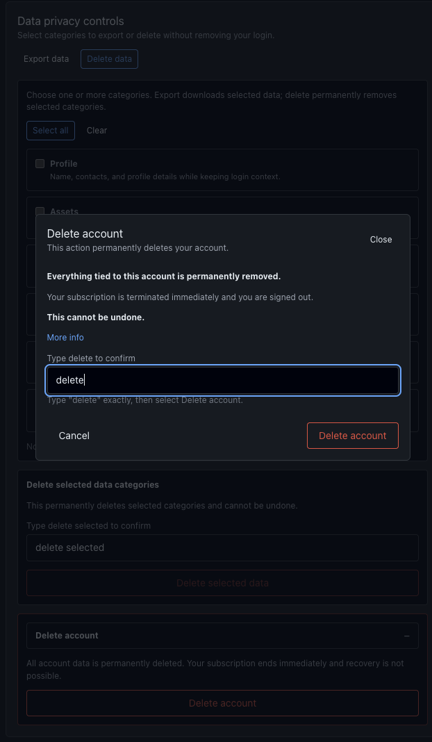 Delete account modal with the word delete entered and red delete button active