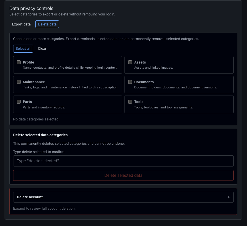Account page with 'Delete data' action selected