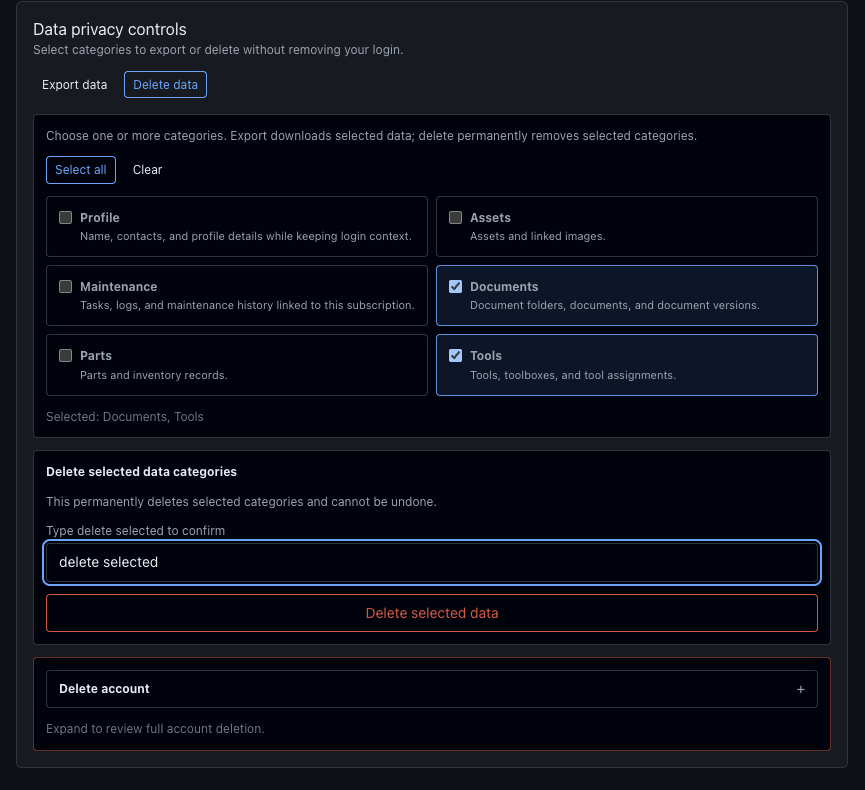 Account page with data selected for deletion and 'delete selected' typed in text field